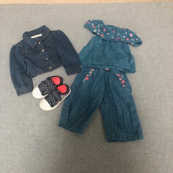 Hatley Chambray Embroidered 2T Outfit Young Hearts Jean Jacket and Shoes 7